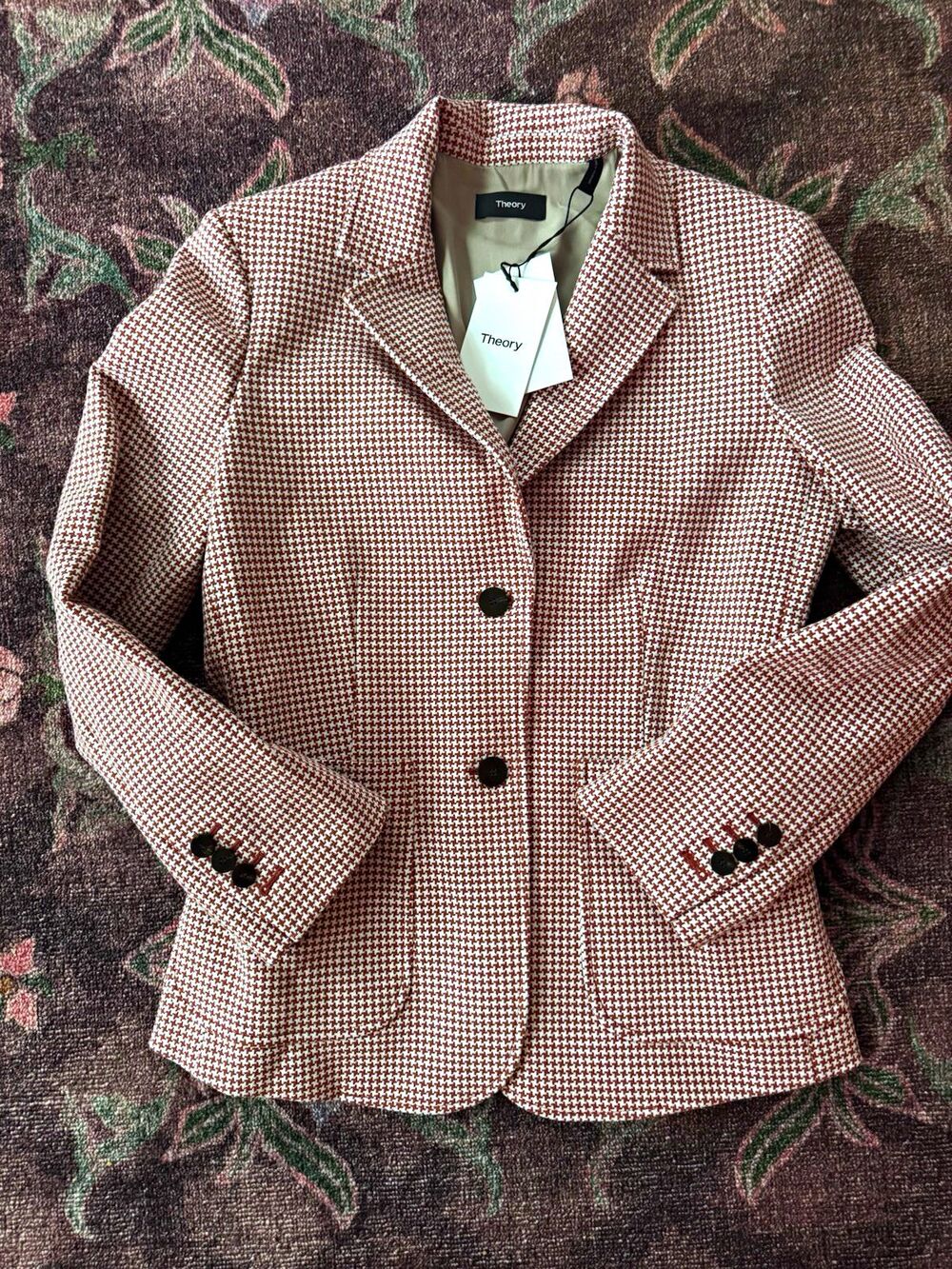 NWT Theory Houndstooth Double Blazer Jacket White Rust Lined Button Size 4